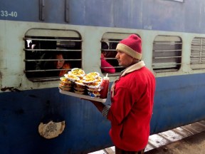 Selling food to people on the trains when they stopped at the station.