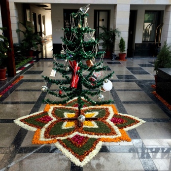 We stopped for lunch at a hotel that was preparing for a wedding. They had decorated the base of this Christmas tree with flower petals and grass clippings. Quite amazing.