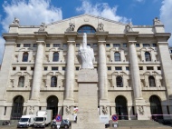 Sculpture in front of the Italian Stock Exchange titled L.O.V.E., which stands for Libertà, Odio, Vendetta, Eternità (Freedom, Hate, Vengeance, Eternity).